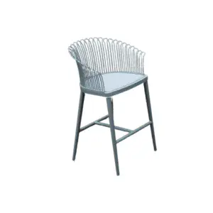 Plum Bar Sandalyesi Zebrano Outdoor Mavi Metal Çerçeveli Dikey İp Örgü Sırt Detaylı Gri Minderli Modern Bahçe Mobilyası