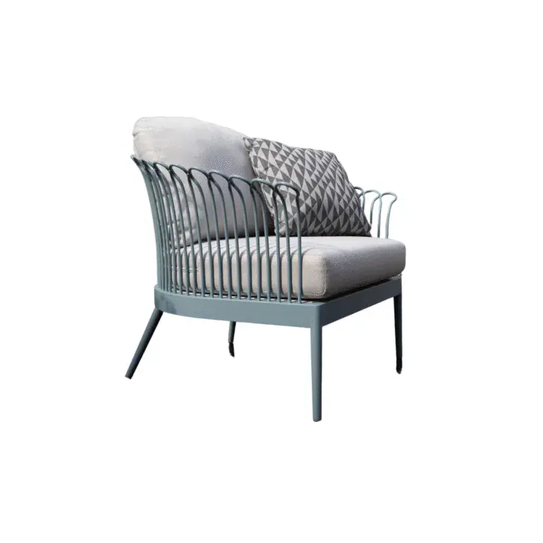 Plum Blossom Tekli Koltuk Zebrano Outdoor Mavi Metal Çerçeveli İp Örgü Detaylı Gri Minderli Modern Bahçe Mobilyası