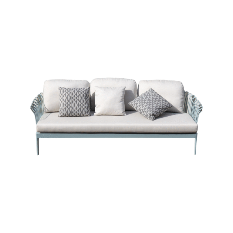 Plum Blossom Üçlü Koltuk Zebrano Outdoor Mavi Metal Çerçeveli İp Örgü Detaylı Gri Minderli Modern Bahçe Mobilyası