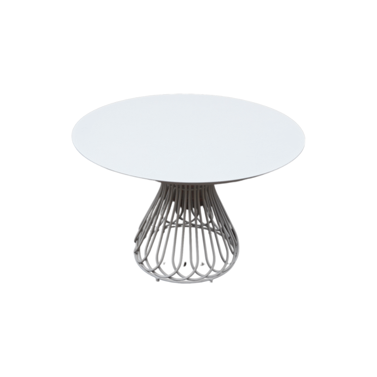 Petal Masa Zebrano Outdoor Beyaz Yuvarlak Tablalı Metal Çiçek Sepeti Ayaklı Modern Bahçe Mobilyası