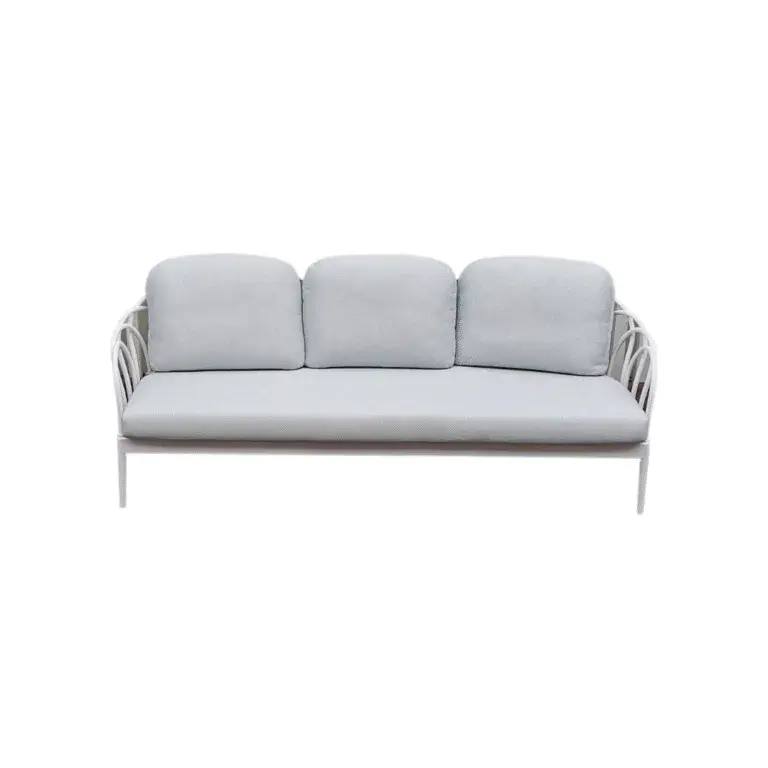 Petal Triple Armchair Zebrano Outdoor White Metal Flower Motif Framed Modern Garden Furniture with Light Gray Cushions