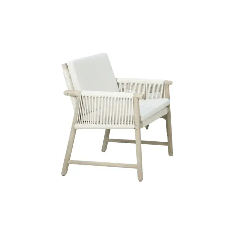 Zulu Sandalye Zebrano Outdoor Açık Ahşap Çerçeveli İp Örgü Detaylı Beyaz Minderli Natürel Bahçe Mobilyası
